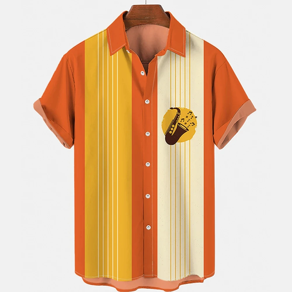 Men's Shirt Button Down Summer New Hawaiian Shirt Saxophone 3D Printed Loose Short Sleeved Classic Beach Aloha Party Shirt Tops 4
