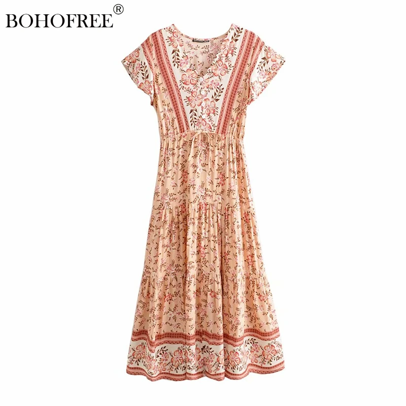 BohoDressRayonCottonPinkFloralPrintMaxiHippieBohemianVestidos