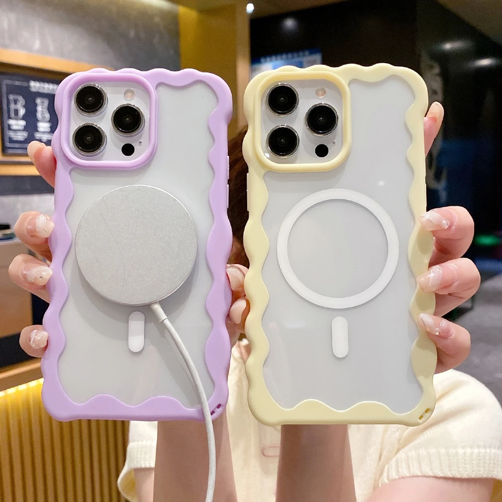 Cream Curly Wave Border Magnetic Case For iPhone 11 12 13 14 Plus 15 16 Pro Max Transparent For Magsafe Wireless Charge Cover_voghion.com