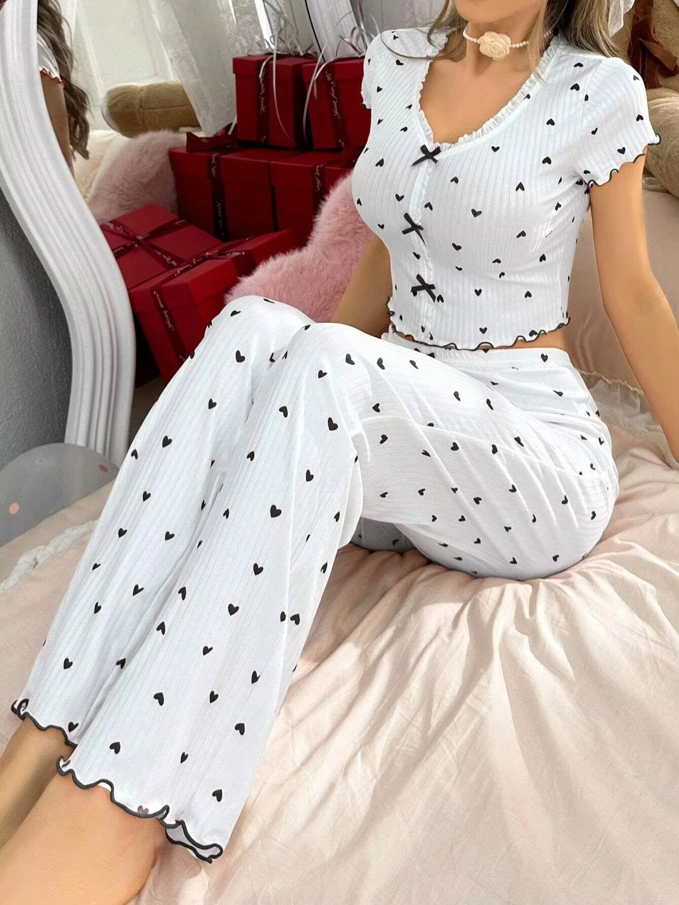 Spring Autumn Coquette Pajama Set Women Sexy Heart Print Ruffle Trim Crop Top Pants 2 Piece Y2K Aesthetic Loungewear Sleepwear