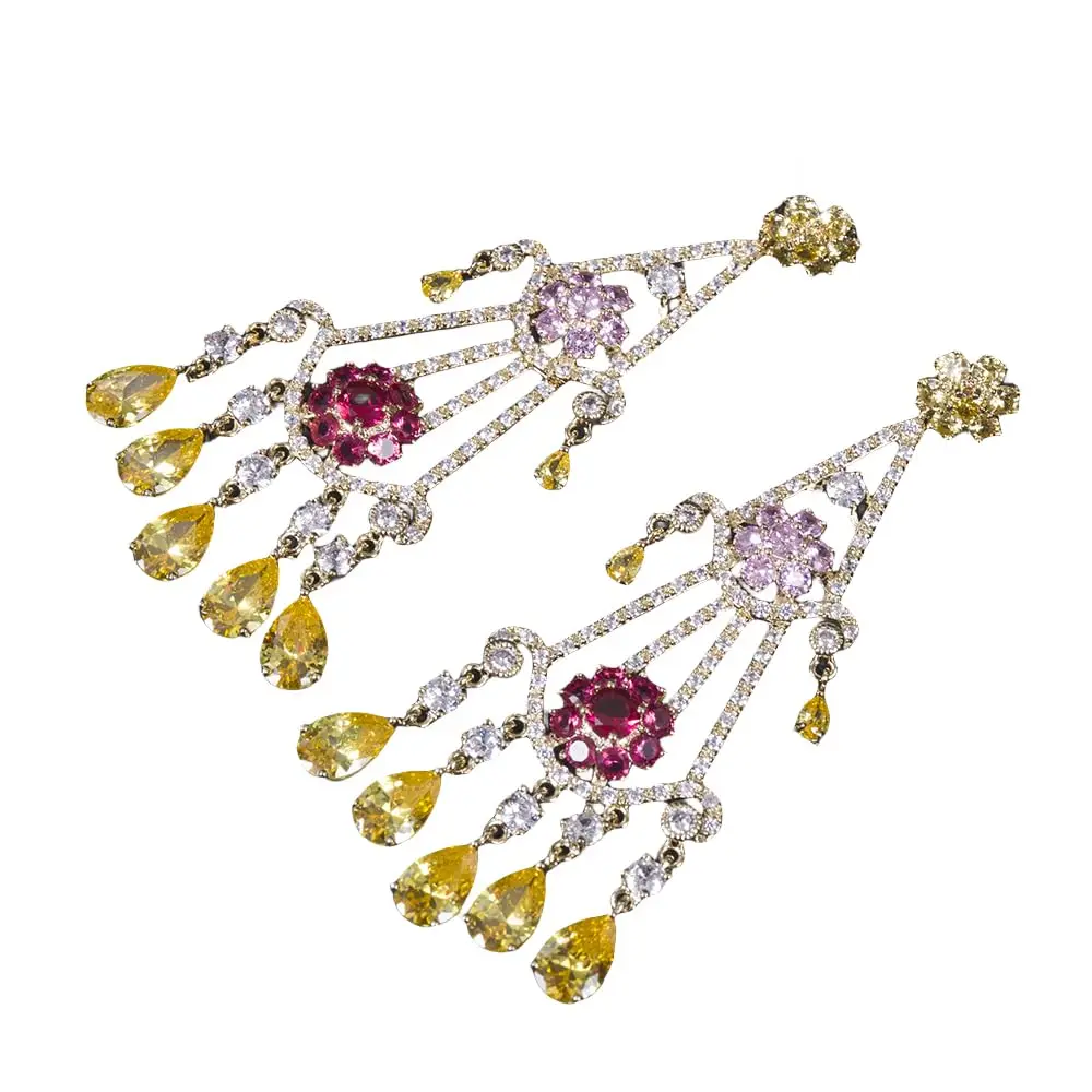 

EVACANDIS Crystal Tassel Red Yellow Colorful Handmade Gemstone Gold Plated Drop Dangle Earrings for Women Wedding Statement
