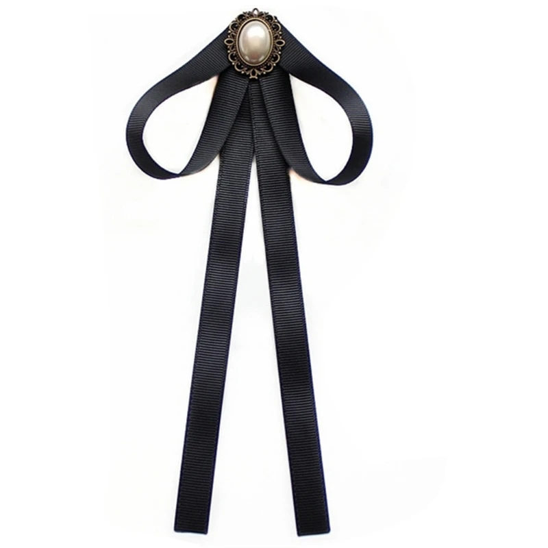 

F42F Imitation Pearl Ribbon Brooches Pin Bow Tie Vintage Pre-Tied Collar Jewelry Bowknot Shirt Necktie Clip for Women Girls