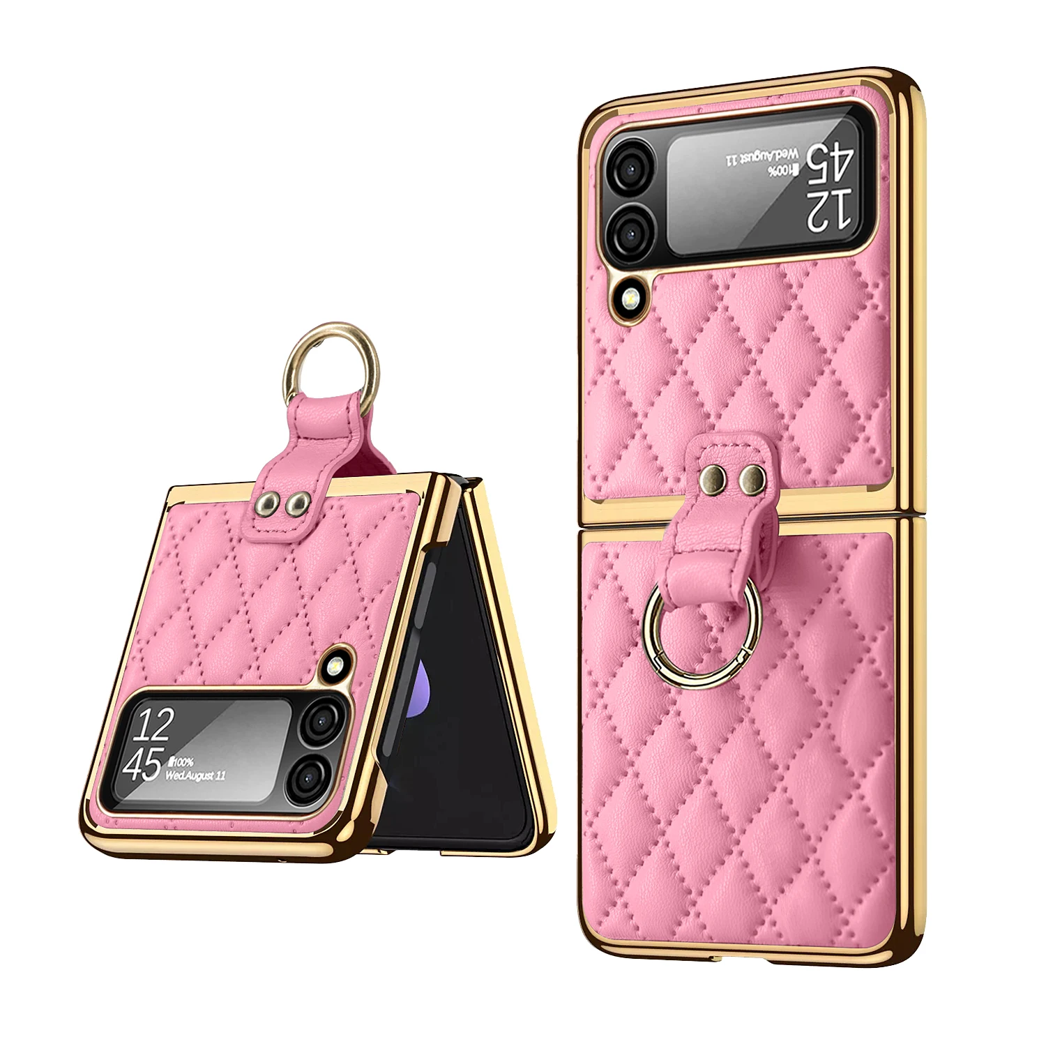 Vietao Luxus-Leder-Handyhülle für Samsung Galaxy Z Flip 8/7/6/5/4/3 mit vergoldetem Ringständer – Objektivschutzfolie, Pink