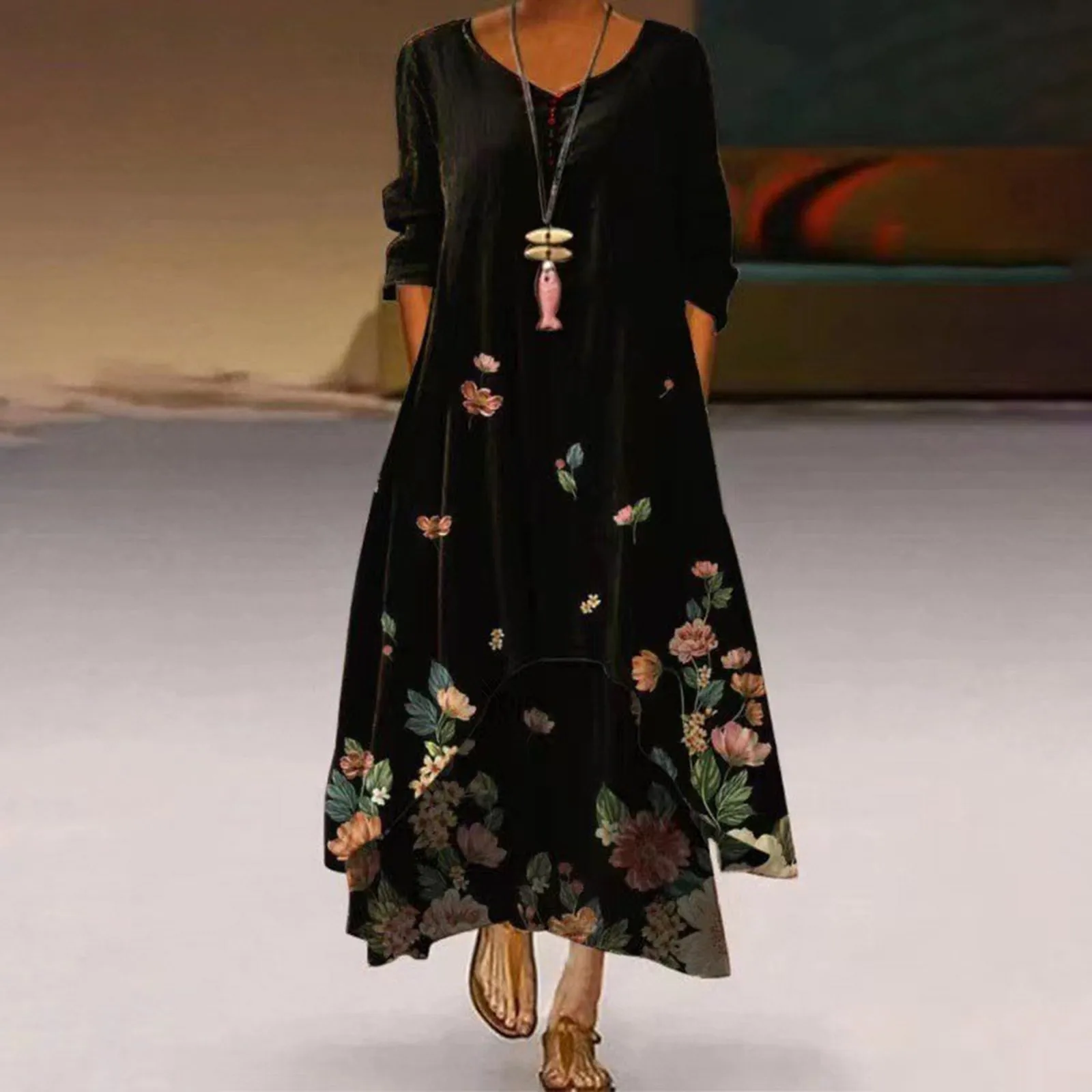 

Vintage Loose Maxi Dress Women Loose Casual V Neck Floral Long Dress Women Dress Autumn Long Sleeve Irregular Hem Party Dresses