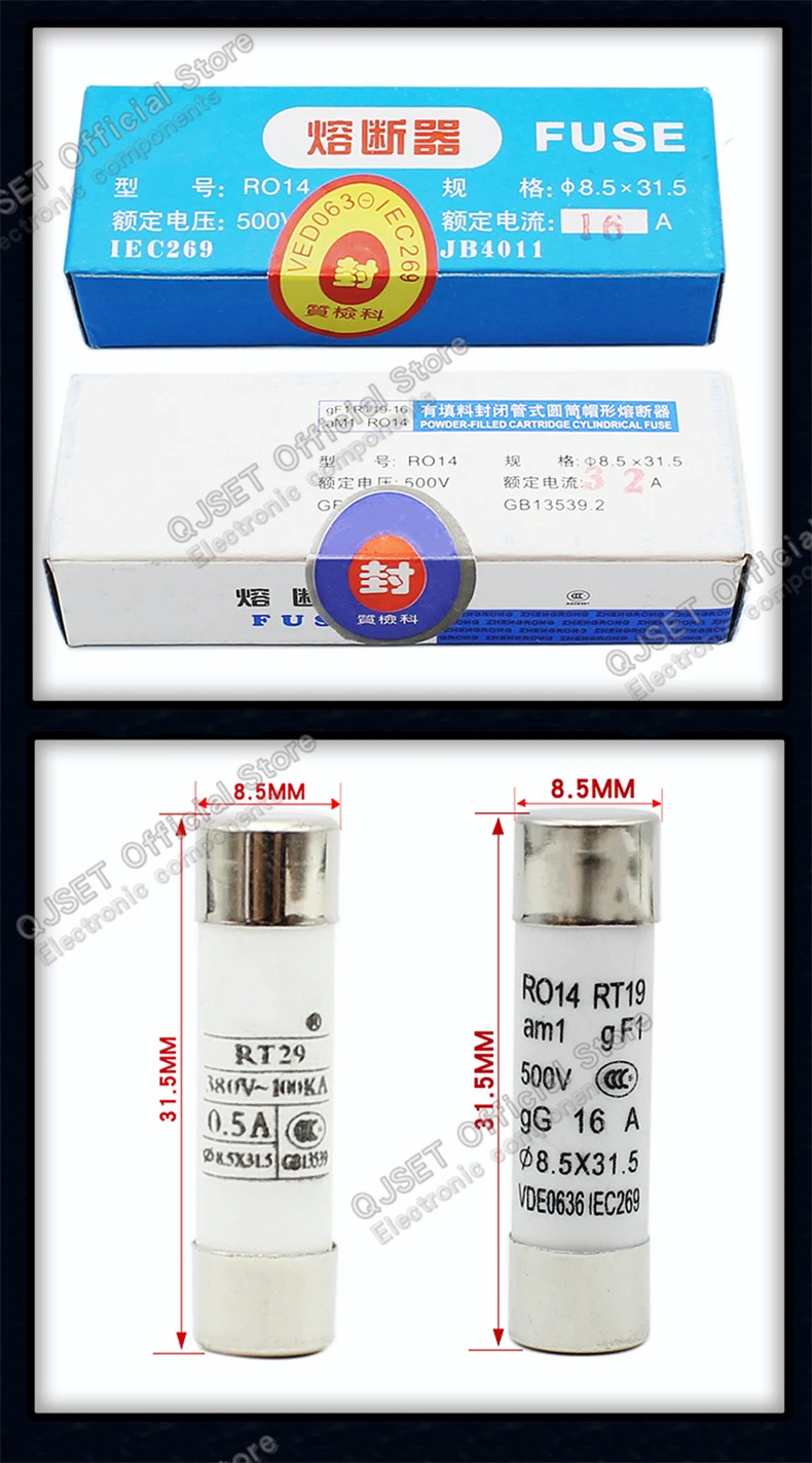 10 Stück R014 8,5x31,5 Schnellwirkende Keramiksicherung 8,5*31,5mm 500V 0,5A 1A 2A 3A 4A 6A 8A 10A 16A 20A 25A 32A 380V RO14 RT14 18 19 – Detail 8