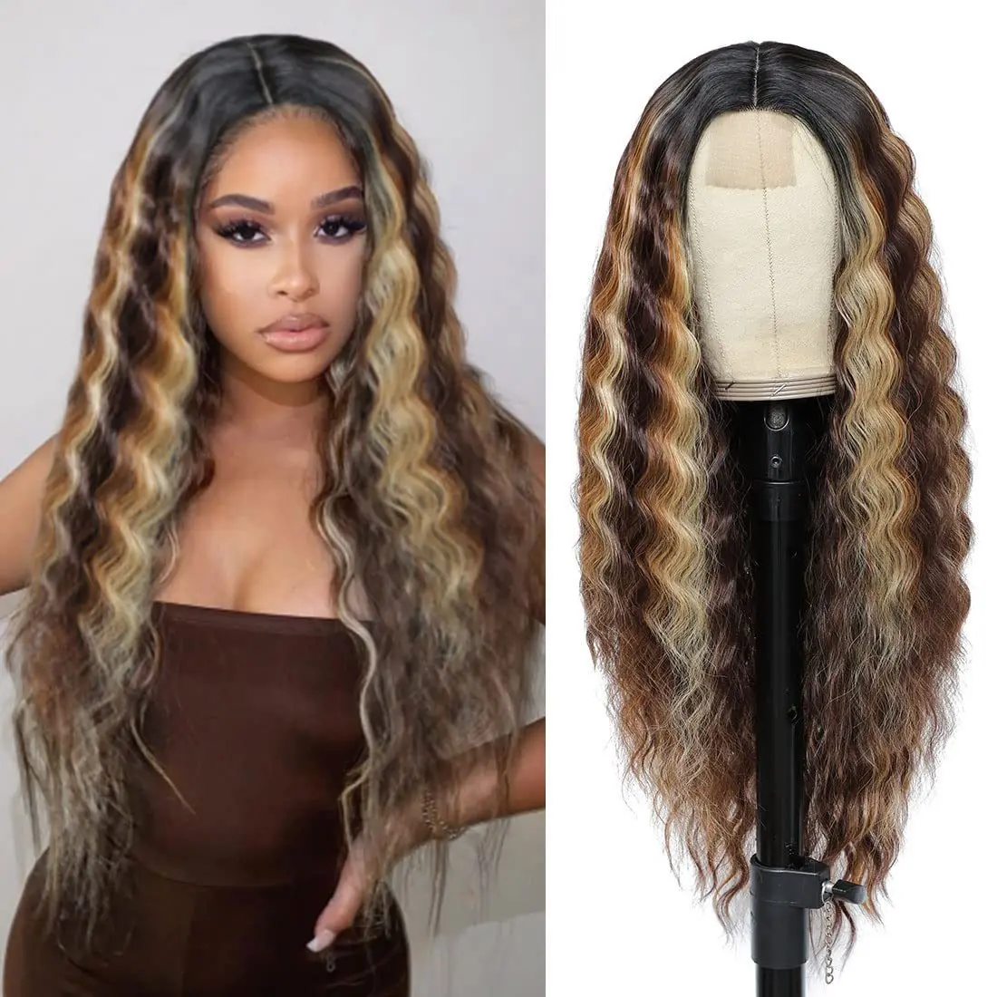 Long Deep Wave Wigs Synthetic Lace Front Wigs Afro Kinky Curly Hair Wigs Middle Part Body Wave Hair Fluffy For Woman Daily Use