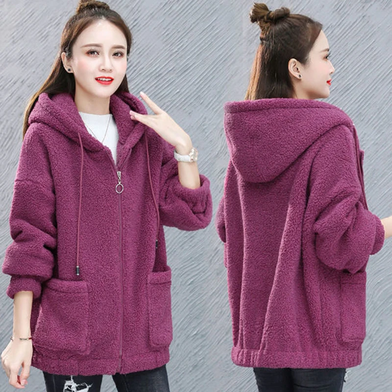 Casual Fleece Thick Hoodies Women Jacket Autumn Winter Korean Fashion Loose Stand Collar Plush Zipper Sweatshirt Outwear Hoodies