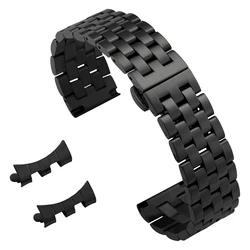 Curved End Solid Stainless Steel Watch Bracelet with Butterfly Clasp - 22mm (Black)