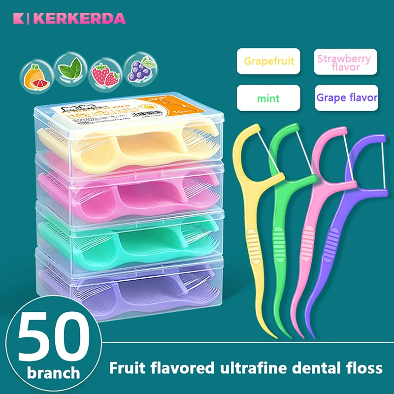 Dental Floss Stick 50Pcs/Box Floss Toothpick Set Colorful Fruit Flavor Tooth Cleaning Dental Pick Oral Hygiene Care
