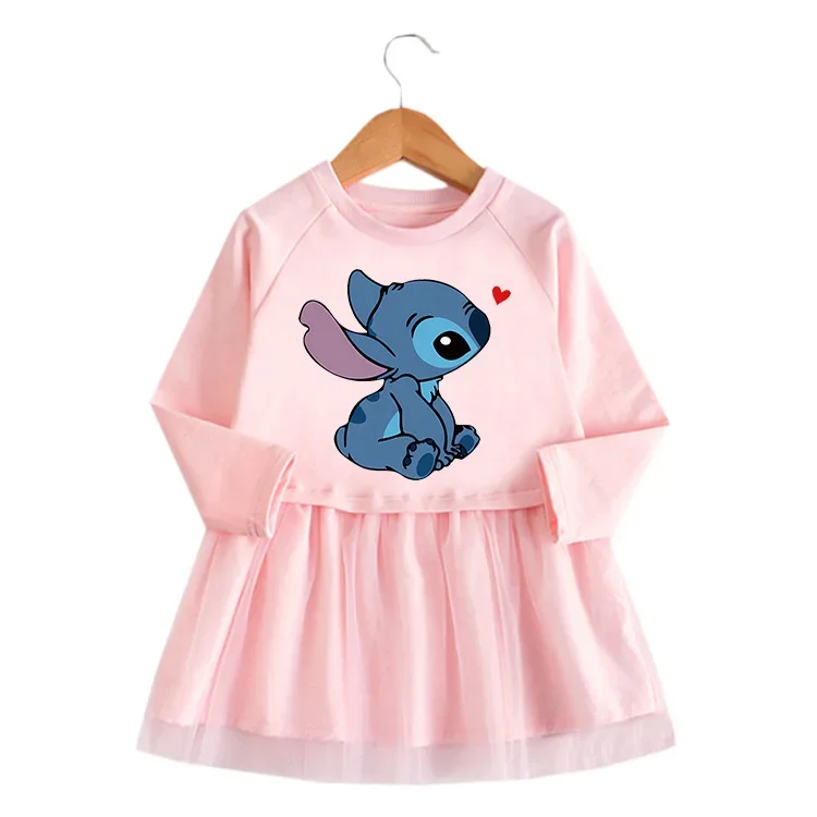 

MINISO Disney Stitch 2023 весна и осень новое платье для девочек мультяшная сетчатая юбка с длинным рукавом юбка принцессы