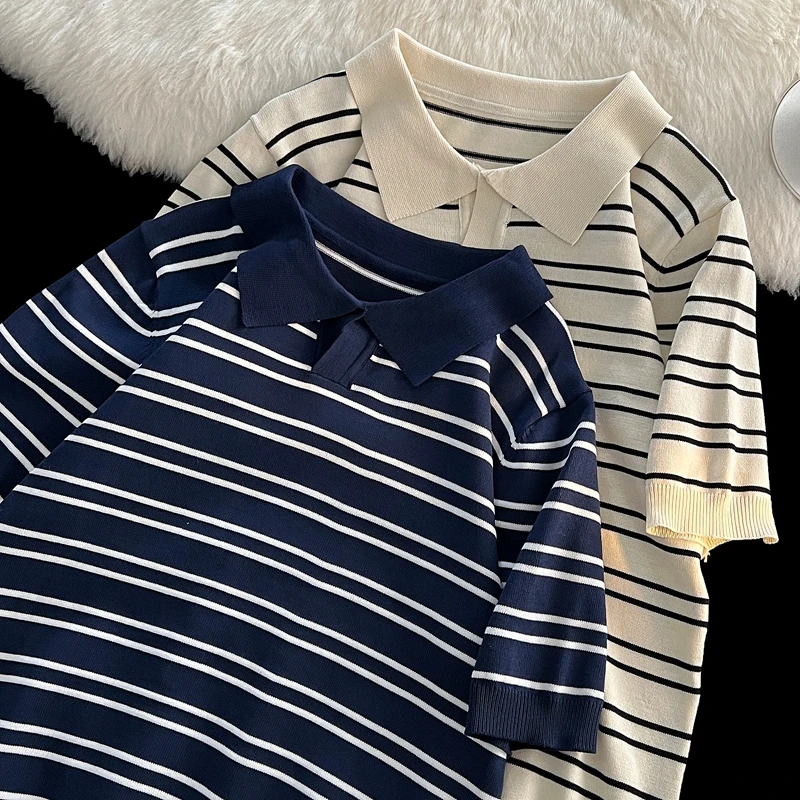 

New Summer Polo Men Stripe Fitness Elasticity Short Sleeve Knitted Polo Shirts for Men Fashion Lapel Collar Mens Shirts B128
