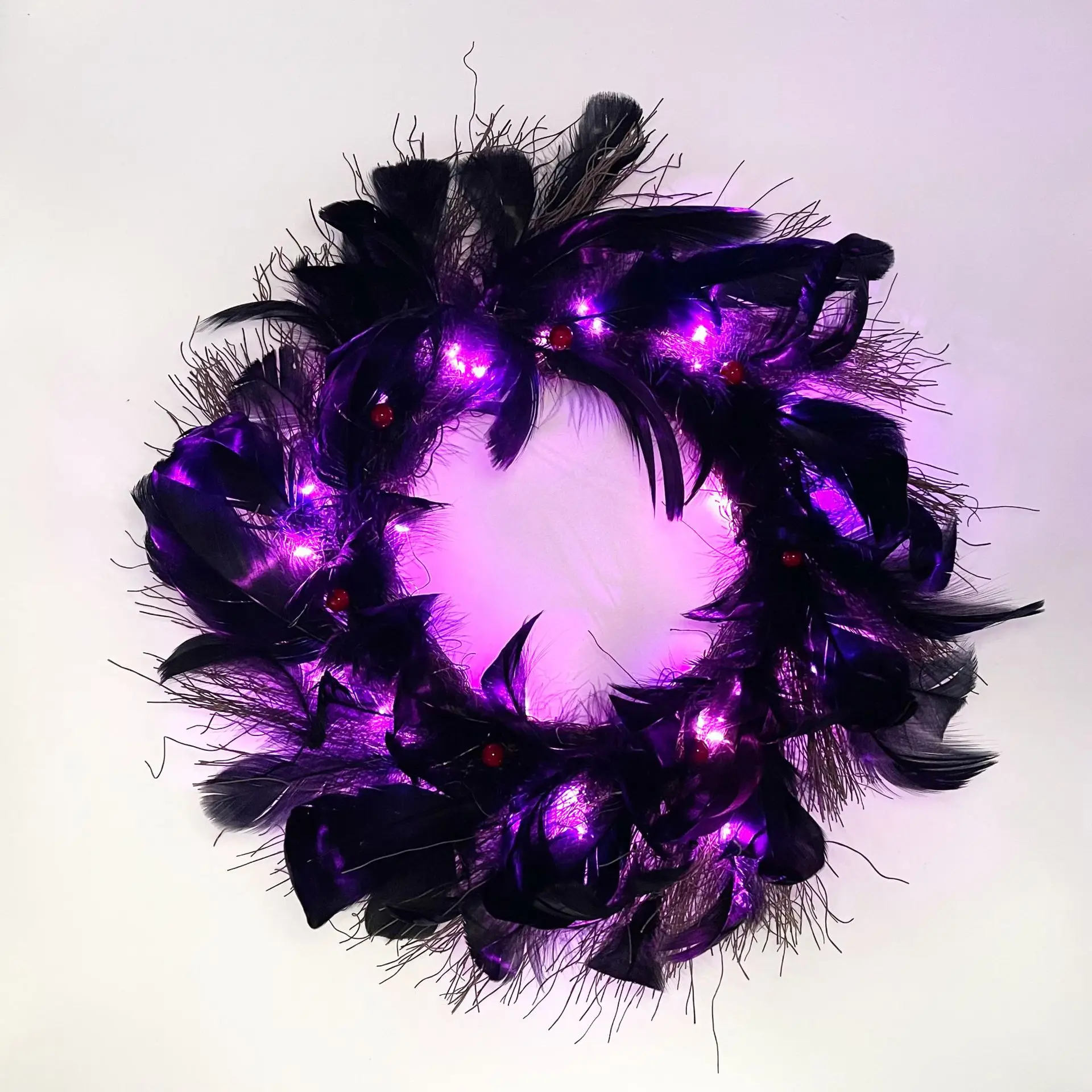 40cm Halloween Wreath Black Crow Feather Garland Glowing Ghost Festival Wreath Home Front Door Decoration with LED Light Party