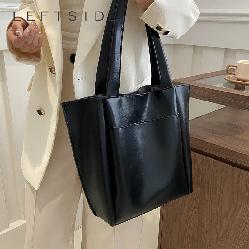 

LEFTSIDE Vintage Big Leather Tote Bags for Women 2024 Spring Designer Female High-capacity Shoulder Bag Lady Retro Handbags