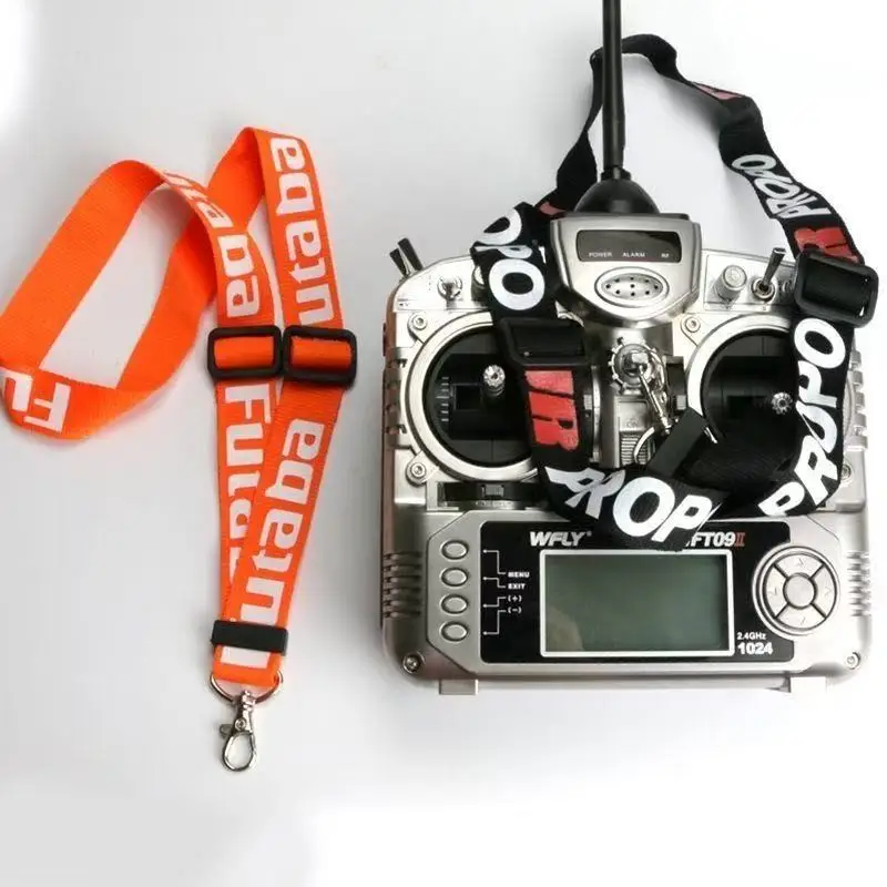 Lot de deux lanières de cou pour émetteur RC, noires avec liseré orange, posées à plat