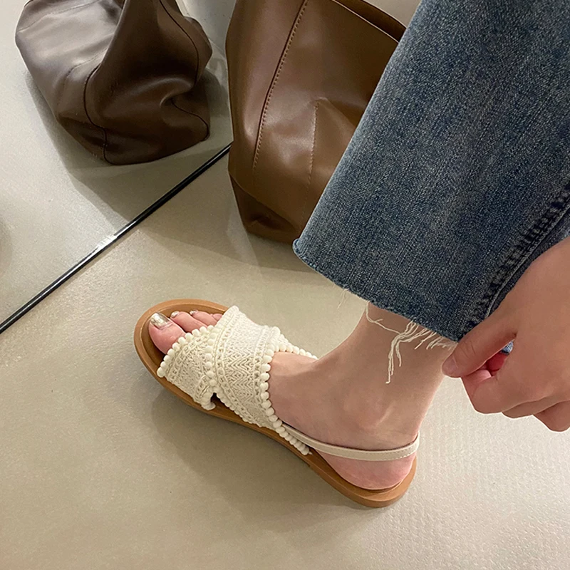 Retro Crochet Lace Slingback Sandals Woman Ethnic Fashion Cross Strap Sandalias Ladies Casual Flat Summer Shoes