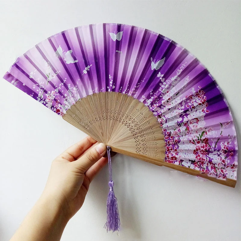 Chinese Engraved Folding Hand Fan Wooden Shank Classical Dance Tassel Fan Wedding Birthday Party Favor Decor Gifts For Guest folding fan wooden hand fan