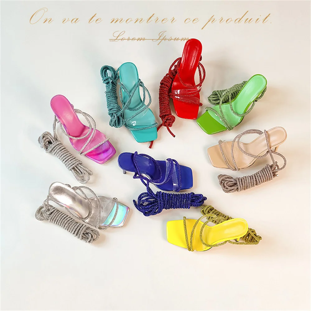 

2023 Summer New Fashion Women's Ankle Wrap High Stiletto Heel Square Toe Sexy Sandals Catwalk shows Cross Binding