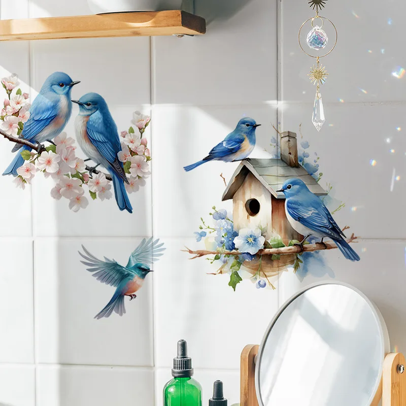 Toilet Stickers Removable Blue Bird Sticker for Toilet Lid with House Plant and Floral Design Suitable for Bathroom and Home Use Waterproof PVC