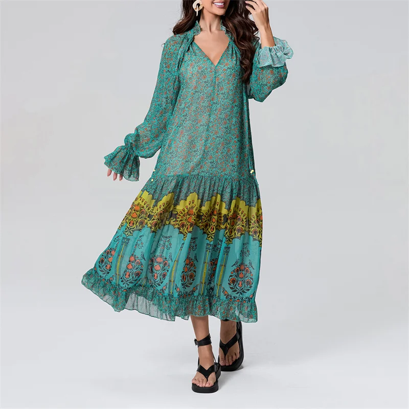 

Женское длинное платье с цветочным принтом и завязкой спереди, осень-лето 2024, пляжные праздничные платья в стиле бохо