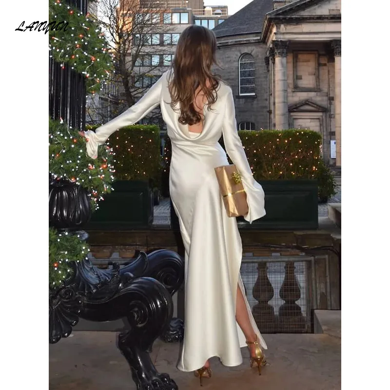 

Elegant Women's Spring Autumn Backless Long Sleeve Solid Satin Split Maxi Dress Femme Chic Slim Party Evening Dresses