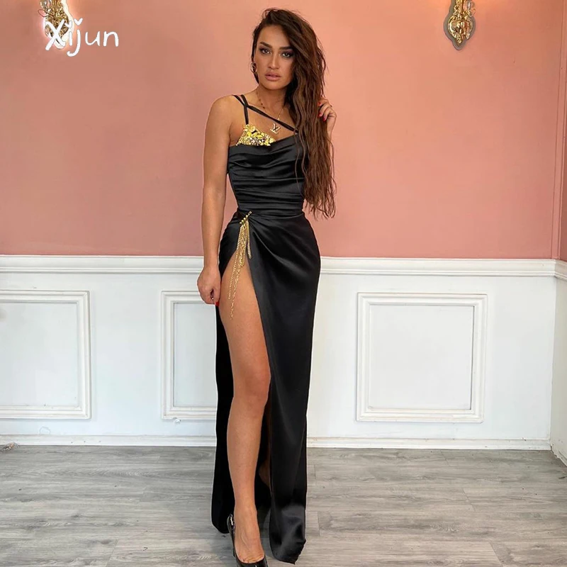 

Xijun Black Sequin Mermaid Prom Party Dresses Spahgetti Strap Evening Gowns Tassel Saudi Arabia Formal Party Dress For Women