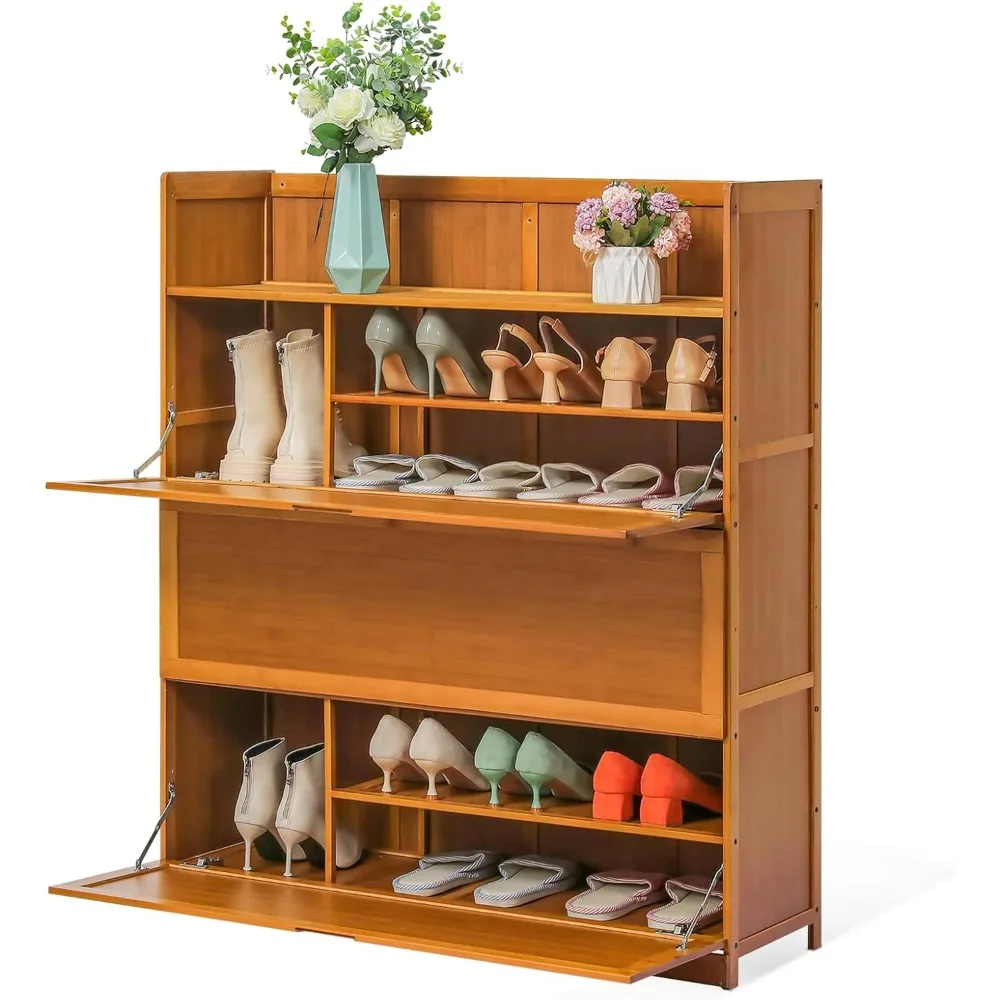 39" 6-Tiers Bamboo Shoe Storage Cabinet Drop Down Doors Shoe Rack Freestanding Organizer Shelf with Heigh