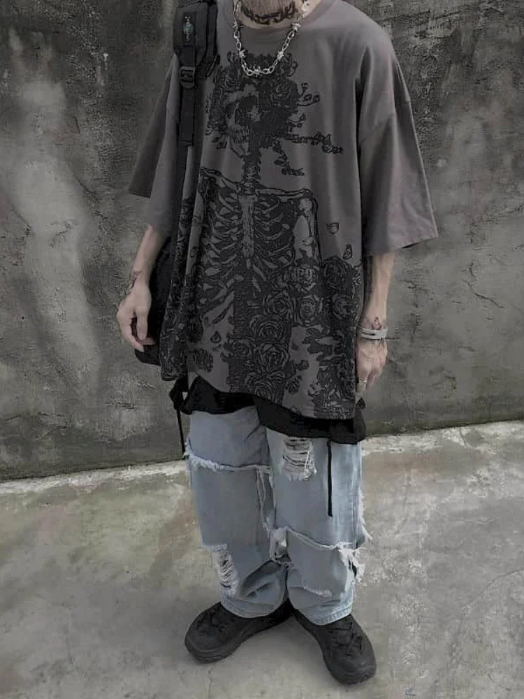 tシャツ FIRE SKULL OVER SIZE RAGLAN トップス レディース メンズ Hip Hop Rhinestone T Shirt Men Skull Print Streetwear
