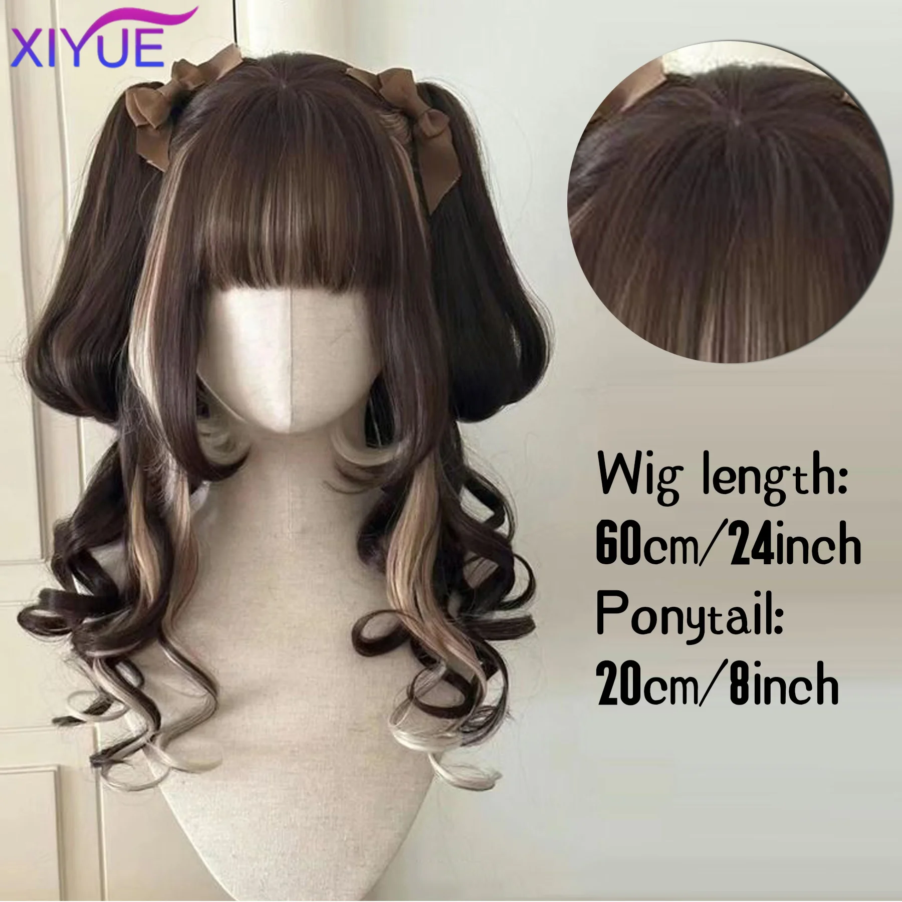 XIYUE Synthetic Hair Long Wave brown And Pink Lolita Wigs For Women Cosplay Wig With Bangs Halloween Christmas Heat Resistant