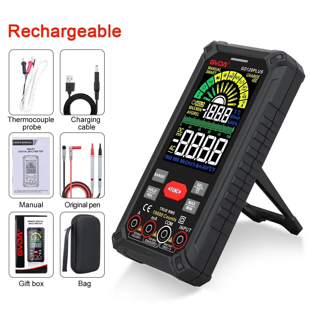 Smart Rechargeable Digital Multimeter True RMS 9999 Counts 1000V 10 ADC AC Voltage Current Multimeter Color LCD Multitester