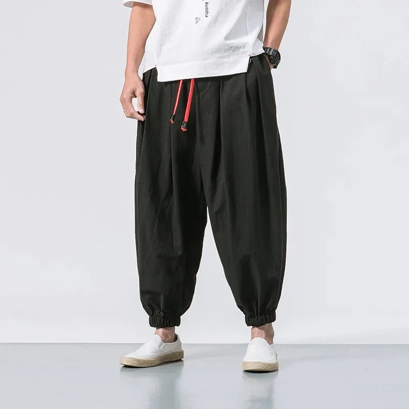 Summer Men's Loose-Fit Cotton Linen Bloomers Bell Bottoms Harajuku Style Casual Pants Baggy Pants Male casual pants,cotton linen pants