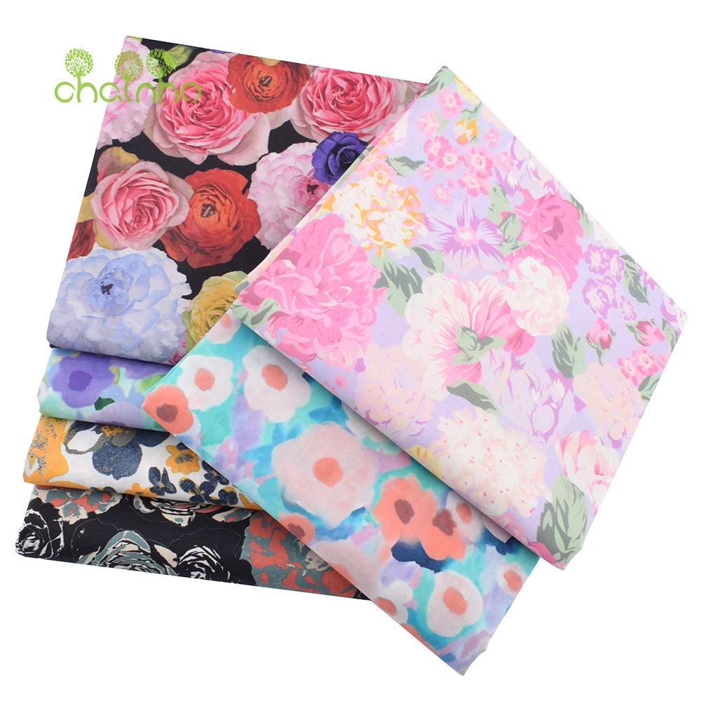 Chainho,Printed Plain Weave Poplin Cotton Fabric,DIY Quilting Sewing Material,Patchwork Cloth,Floral Series,3 Sizes,15PC146