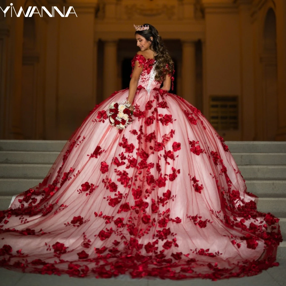 

Red Appliques 3D Flower Quinceanrra Prom Dresses Glitter Sequins Pearls Princess Long Charming Graceful Sweet 16 Dress Vestidos