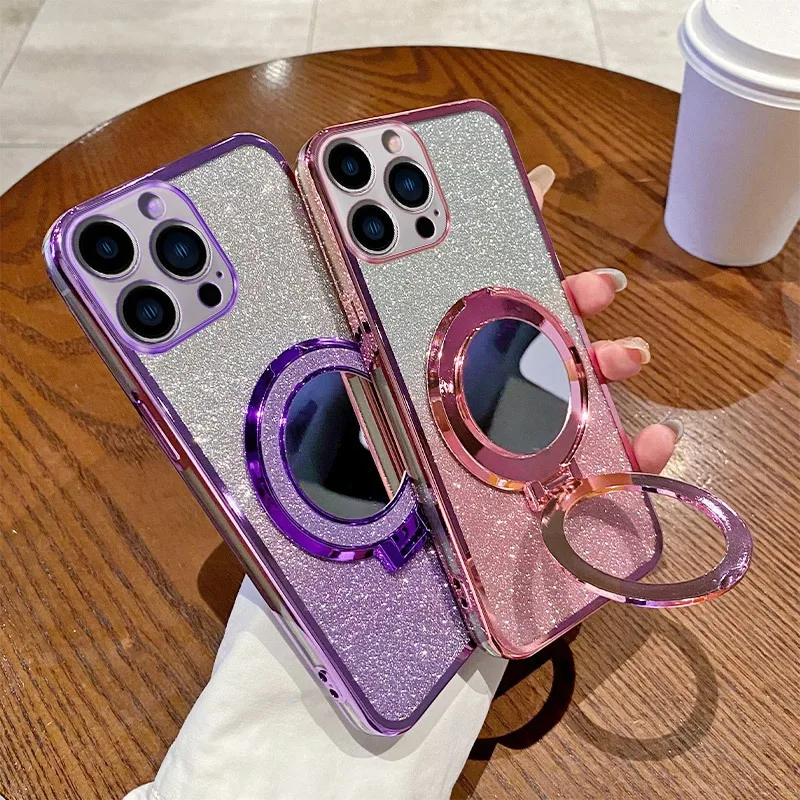 Glitter Bling Rotating Magnetic Phone Ring Holder with Round Mirror Design