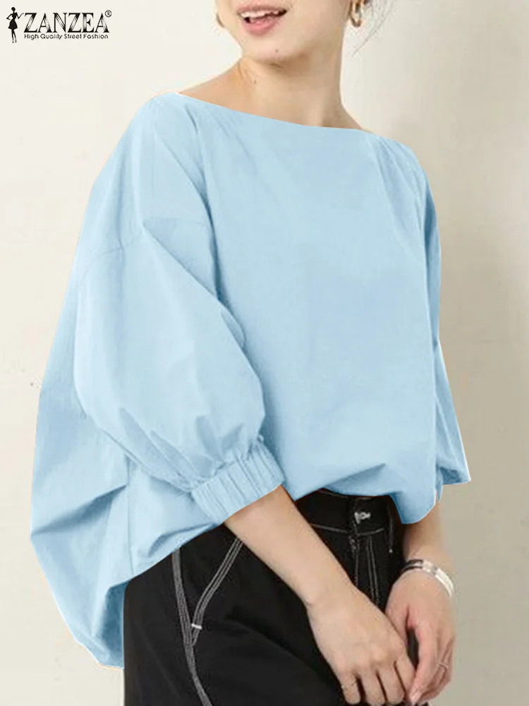 

Модные праздничные однотонные топы ZANZEA, женская блузка с рукавами-фонариками 3/4, корейские универсальные Блузы большого размера, повседневные свободные рубашки с круглым вырезом