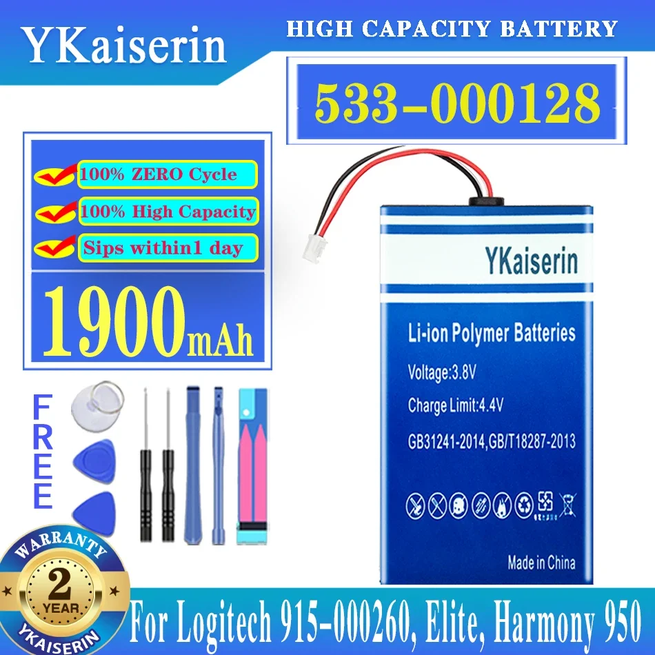 

YKaiserin 1900mAh Battery 533-000128, 623158 For Logitech 915-000257, 915-000260, Elite, Harmony 950 Batteries 533000128 + Tools