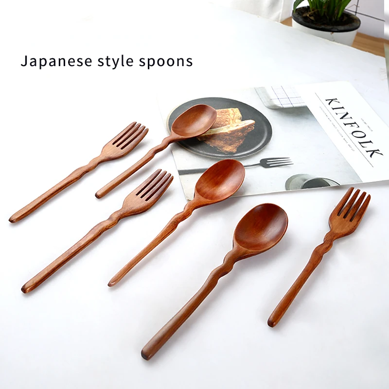 Creative Curve Fork Spoon Set Solid Wood Long Handle Spoon Household Dinner Fork Solid Wood Tableware