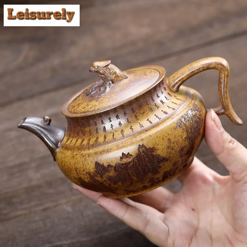 380ml Yixing Purple Clay Teapots Handmade Phoenix Pot Raw Ore Wood-fired Porcelain Mud Kettle With Strainer Zisha Tea Set Craft