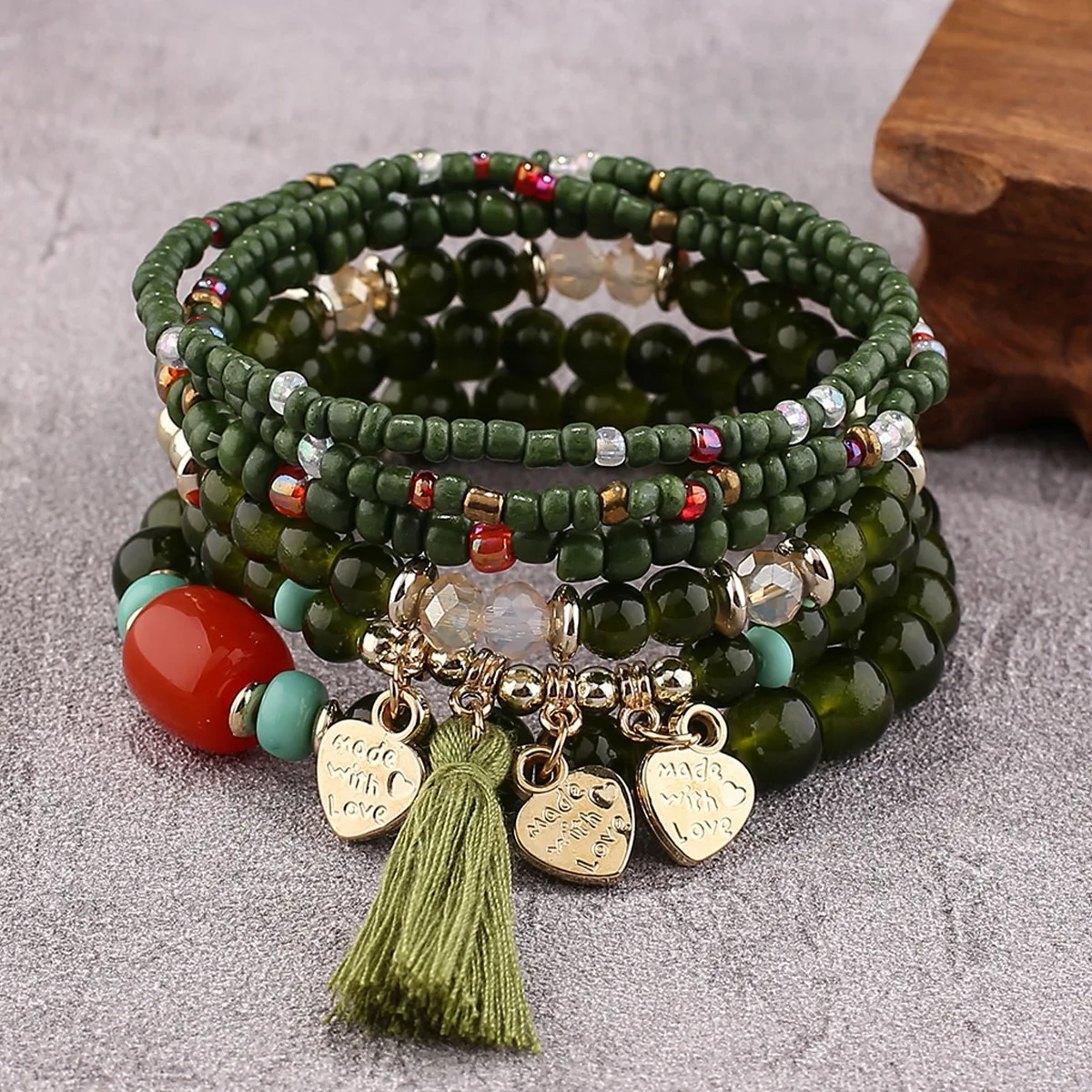 Boho 6 sztuk/zestaw bransoletki dla kobiet etniczne frędzle serce Charm bransoletki zielony ryż koraliki wielowarstwowe bransoletka zestaw biżuterii
