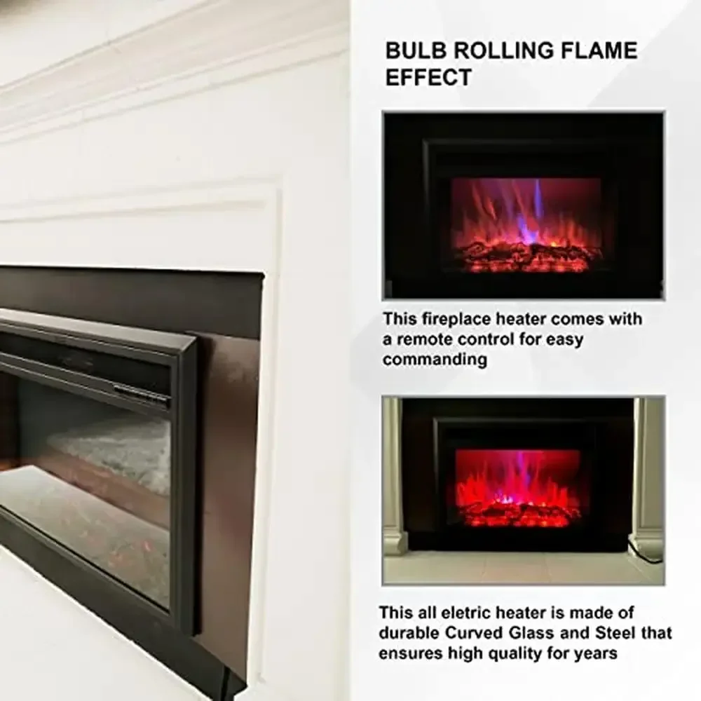 Electric Fireplace Heater Remote LED Flame Effect Temp Control Glass Steel Freestanding Wall Mount Indoor Fire Insert 1500W 6
