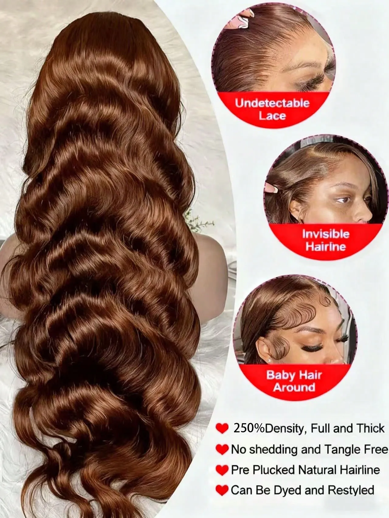 13x4 Transparent Lace Human Hair 32Inch Baby Hair Brown Colored Wig 250% Density Brazilian Hair for Women