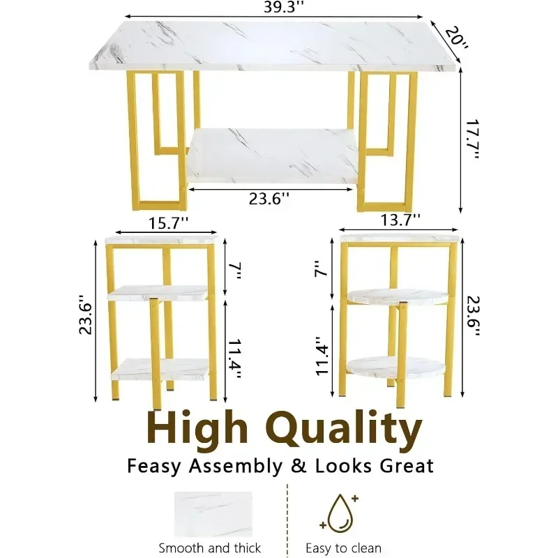 Coffee Table Set of 3, Modern 3-Piece Table Set Faux Marble Coffee & 2 End Tables Open Shelves with Metal Legs