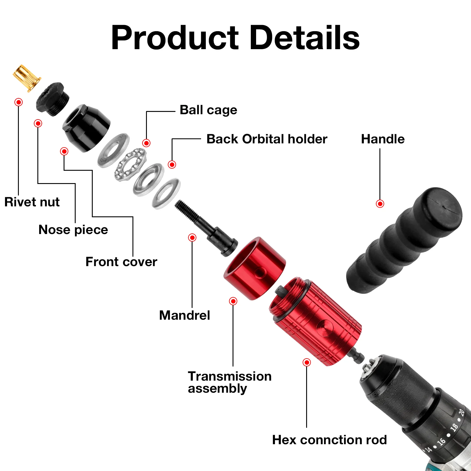 Rivet Gun Rivet Nut Tool M3/M4/M5/M6/M8 Rivet Nut Tool Adapter Insert Nut Riveting Tools Home Cordless Electric Rivet Gun Converter Riveting Machine