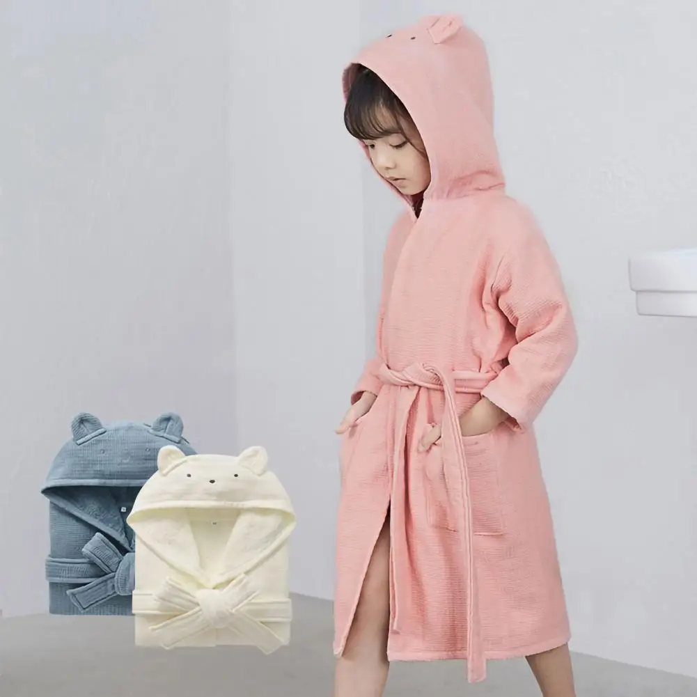 Kids Hooded Bathrobe Belted Thick Soft Water Absorbent Children Robe Solid Color Boys Girls Toddlers Robe Pajamas Sleepwear