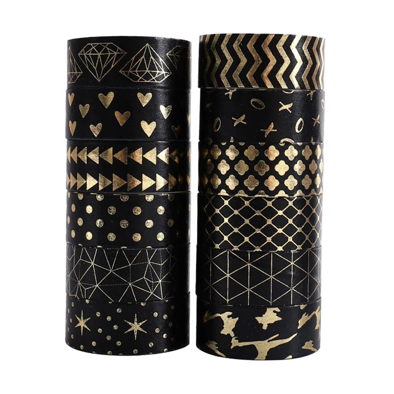 Black Gold Foil Washi Tapes Scrapbooking 12Pcs Decorative Adhesive Tape Journaling Materials School Supplies Washi Tape Set 5