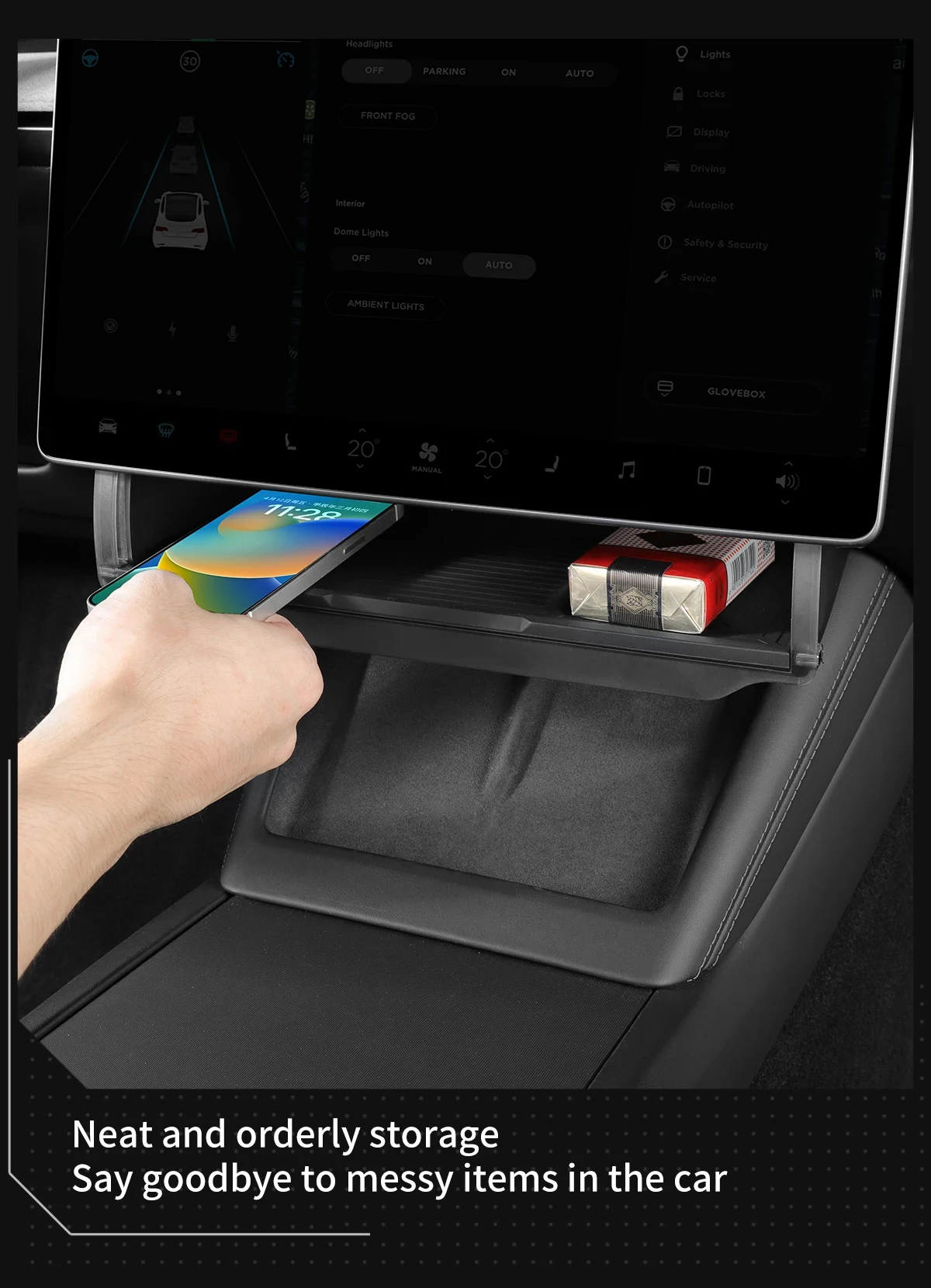 For Tesla Model Y Juniper 2026 Model 3 Highland 2025 Under-Screen Hidden Storage Box Behind Screen Center Console Organizer Case