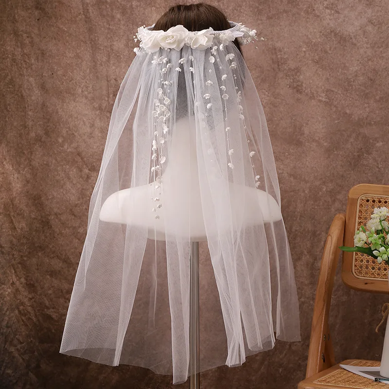 

Korean Beaded Flower Garland Long Veil Mori Bride Outdoor Lawn Wedding Accessories