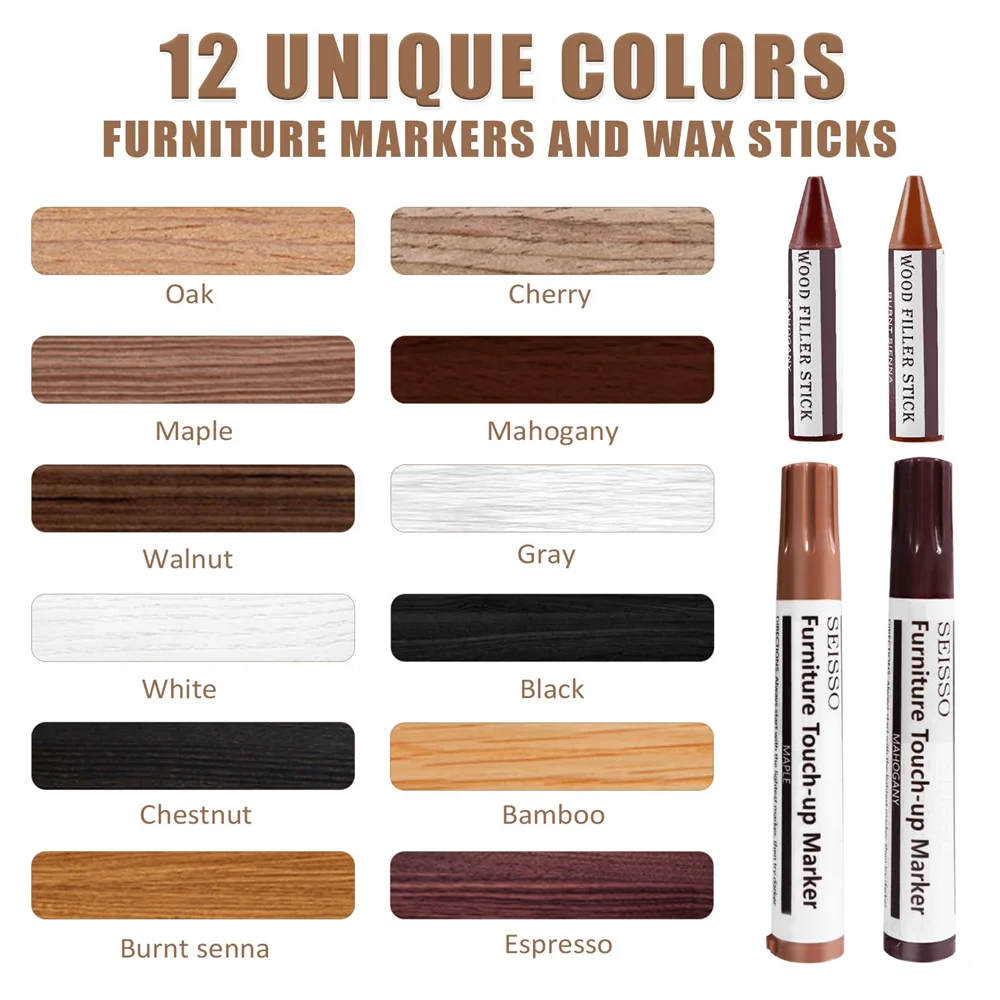 SEISSO 12-Color Furniture Touch-Up Kit Markers & Wood Filler Sticks for Stains Scratches Restoration Wooden Table Quick Repair