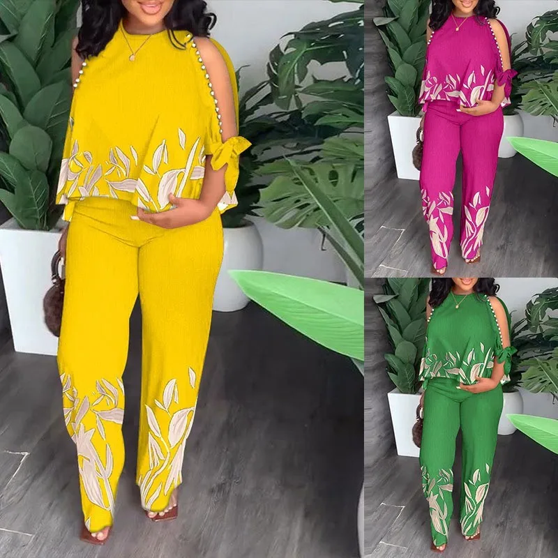 

Элегантные женские комплекты из двух предметов, модные топы с принтом из бисера и брюки с эластичным поясом, подходящий комплект, одежда для Нигерии, Турции, Африки