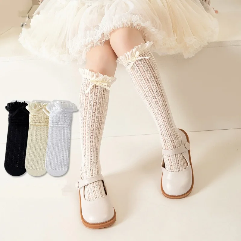 Lolita Lace Silk Knee-High Socks Fishnet Hollow-out Floral Crochet Bowknot Ruffle Trim Design Stockings Parent Child Socks sports socks kids socks cotton knee socks knee length socks