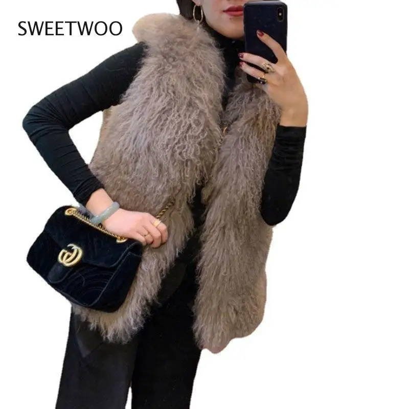 Luxury Thick Warm Mongolia Sheep Faux Fur Vest Customize Size Oversize Big Size Women New Winter Hot V Neck Sexy Fur Coat 2022
